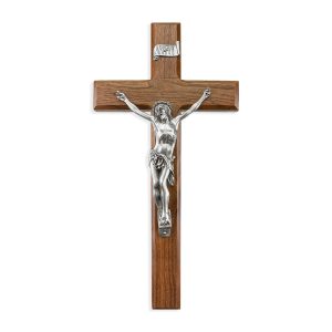 12" Walnut Wood Wall Crucifix with Genuine Silver Pewter Corpus
