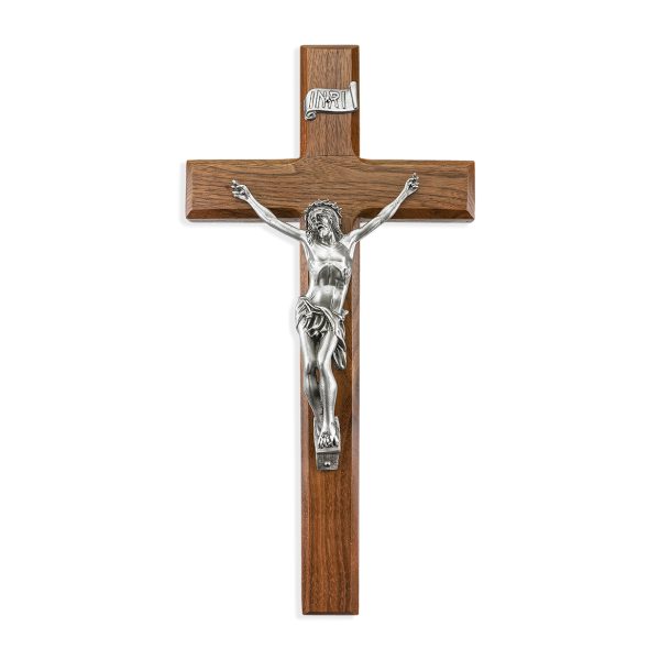 12" Walnut Wood Wall Crucifix with Genuine Silver Pewter Corpus