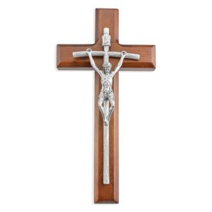 10" Papal Wall Pewter and Wood Crucifix with Genuine Silver Pewter Corpus