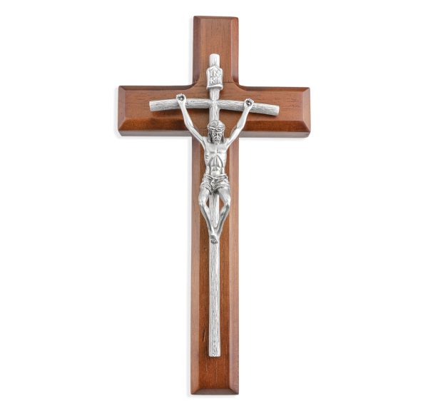 10" Papal Wall Pewter and Wood Crucifix with Genuine Silver Pewter Corpus