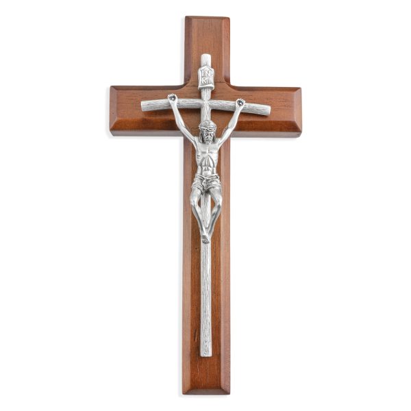 10" Papal Wall Pewter and Wood Crucifix with Genuine Silver Pewter Corpus