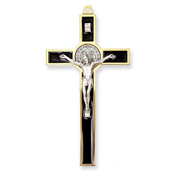 7" St. Benedict Gold Tone Medal Wall Crucifix with Silver Plated Corpus