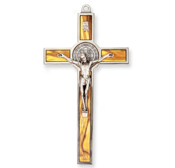 7" St. Benedict Gold Tone Medal Wall Crucifix with Silver Plated Corpus