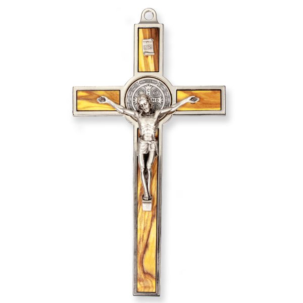 7" St. Benedict Gold Tone Medal Wall Crucifix with Silver Plated Corpus
