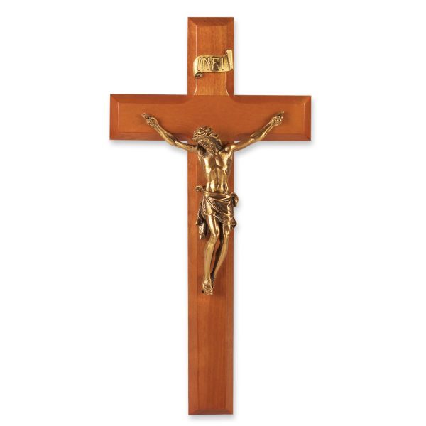11" Natural Cherry Wood Wall Crucifix with Genuine Bronze Pewter Corpus