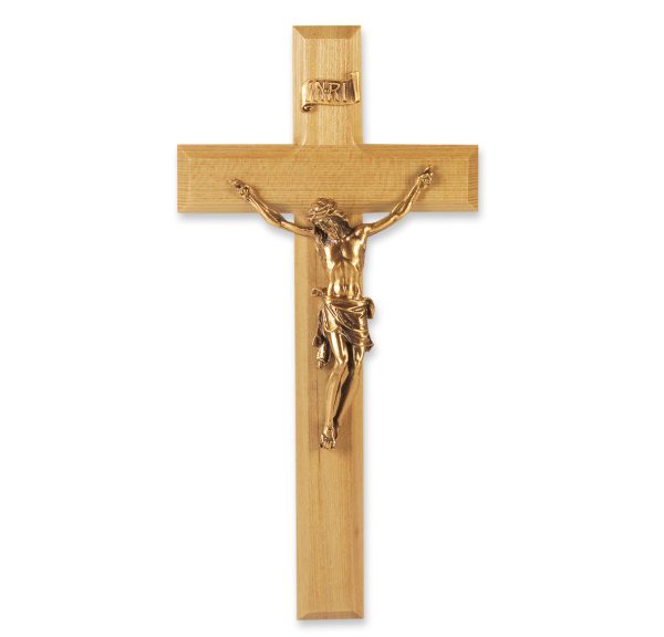 11" Oak Wood Wall Crucifix with Genuine Bronze Pewter Corpus