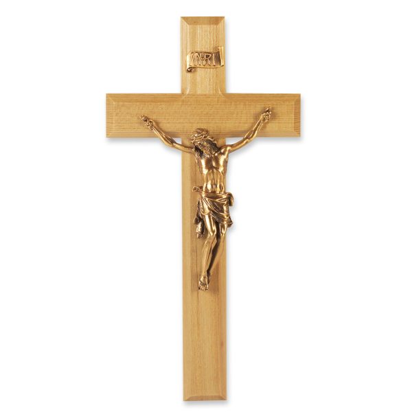 11" Oak Wood Wall Crucifix with Genuine Bronze Pewter Corpus