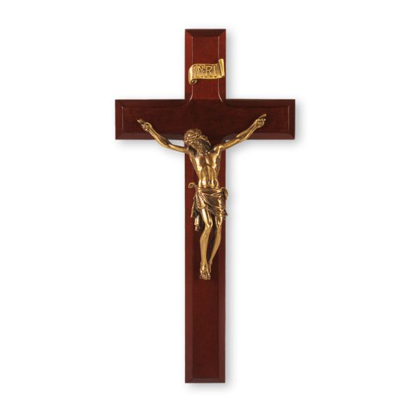 11" Dark Cherry Wood Wall Crucifix with Genuine Bronze Pewter Corpus