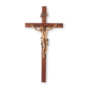 11" Walnut Wood Wall Crucifix with Genuine Bronze Pewter Corpus