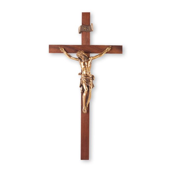 11" Walnut Wood Wall Crucifix with Genuine Bronze Pewter Corpus