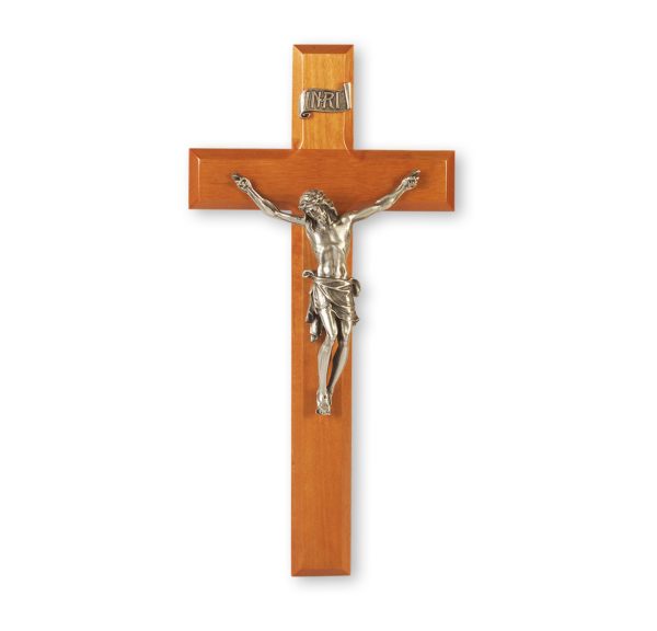 11" Natural Cherry Wood Wall Crucifix with Genuine Silver Pewter Corpus