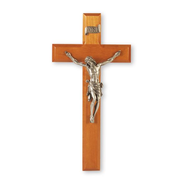 11" Natural Cherry Wood Wall Crucifix with Genuine Silver Pewter Corpus