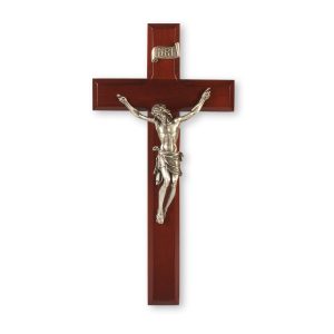 11" Dark Cherry Wood Wall Crucifix with Genuine Silver Pewter Corpus