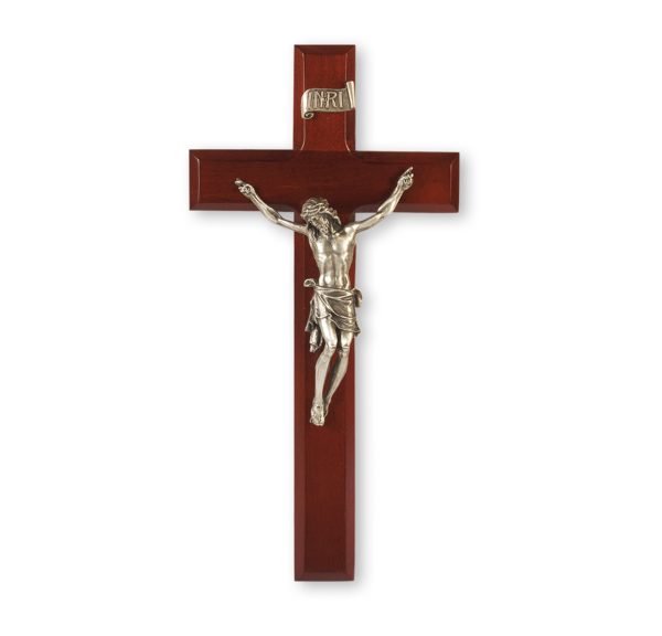 11" Dark Cherry Wood Wall Crucifix with Genuine Silver Pewter Corpus