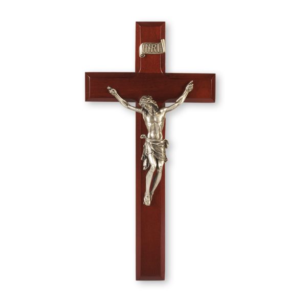 11" Dark Cherry Wood Wall Crucifix with Genuine Silver Pewter Corpus
