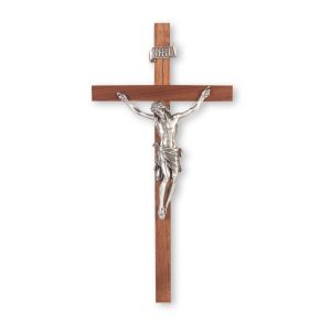 11" Walnut Wood Wall Crucifix with Genuine Silver Pewter Corpus