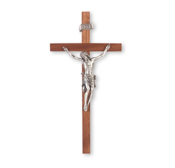 11" Walnut Wood Wall Crucifix with Genuine Silver Pewter Corpus