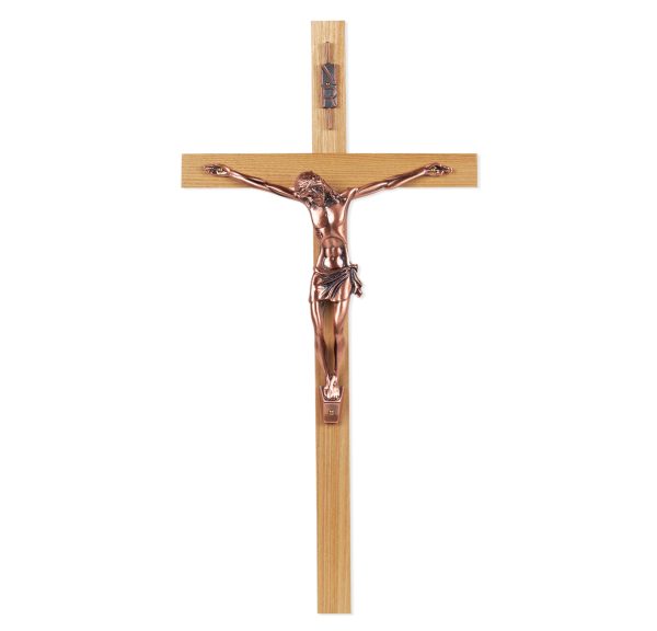 12" Oak Wall Crucifix with Genuine Copper Pewter Corpus