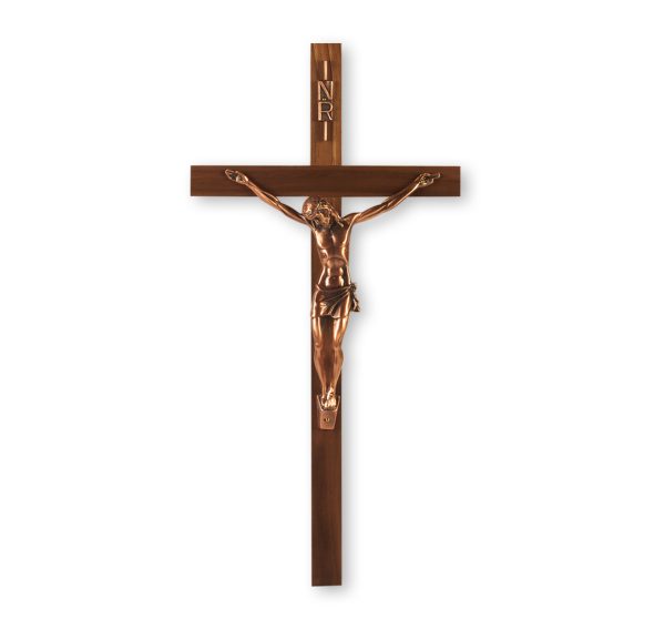 12" Genuine Walnut Wall Crucifix with Genuine Copper Pewter Corpus