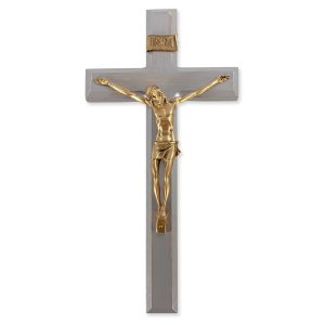 12" Camtry Gray Wood Wall Crucifix with Genuine Bronze Pewter Corpus