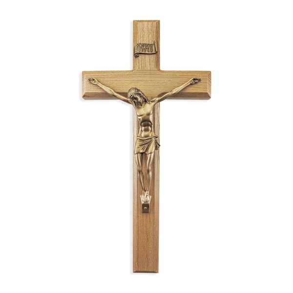 12" Oak Wood Wall Crucifix with Genuine Bronze Pewter Corpus