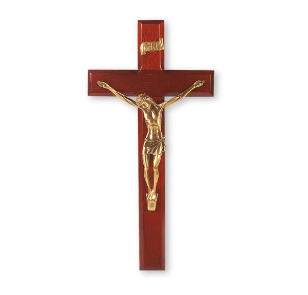 12" Dark Cherry Wood Wall Crucifix with Genuine Bronze Pewter Corpus
