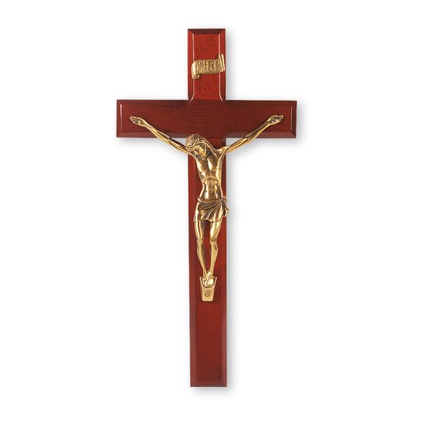 12" Dark Cherry Wood Wall Crucifix with Genuine Bronze Pewter Corpus