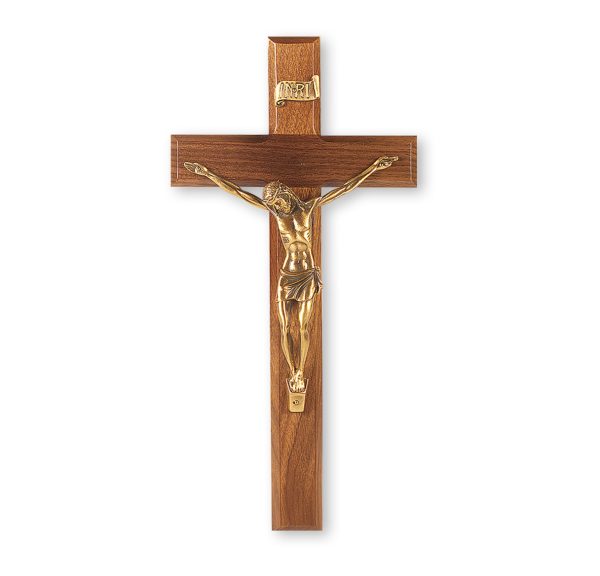 12" Genuine Walnut Wood Wall Crucifix with Genuine Bronze Pewter Corpus