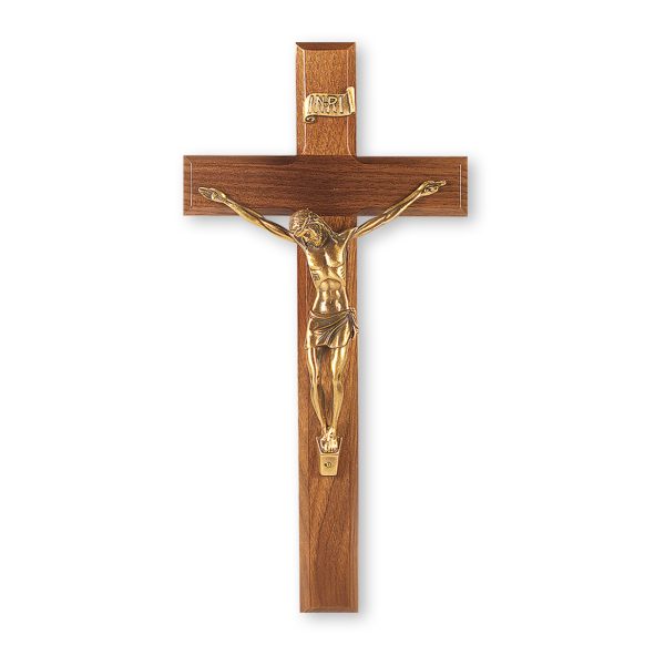 12" Genuine Walnut Wood Wall Crucifix with Genuine Bronze Pewter Corpus