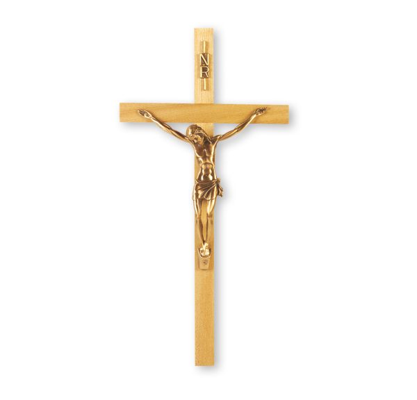 13" Oak Wood Wall Crucifix with Genuine Bronze Pewter Corpus