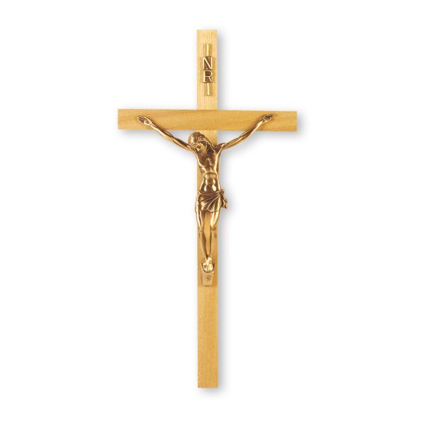 13" Oak Wood Wall Crucifix with Genuine Bronze Pewter Corpus