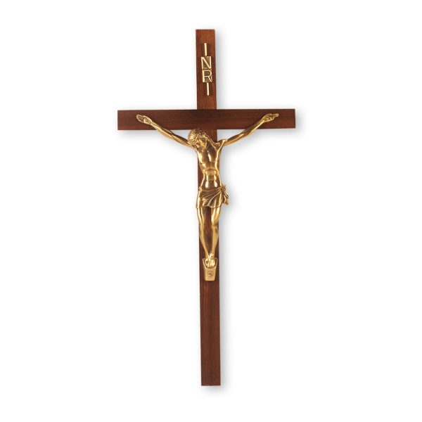 13" Genuine Walnut Wood Wall Crucifix with Genuine Bronze Pewter Corpus