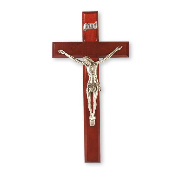 12" Dark Cherry Wood Wall Crucifix with Genuine Silver Pewter Corpus