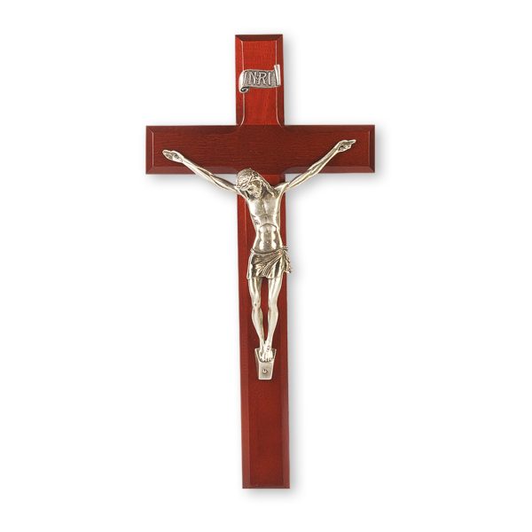 12" Dark Cherry Wood Wall Crucifix with Genuine Silver Pewter Corpus