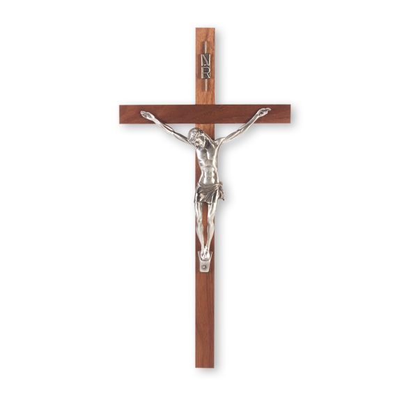13" Genuine Walnut Wood Wall Crucifix with Genuine Silver Pewter Corpus