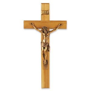 13" Oak Wall Wood Crucifix with Genuine Bronze Pewter Corpus