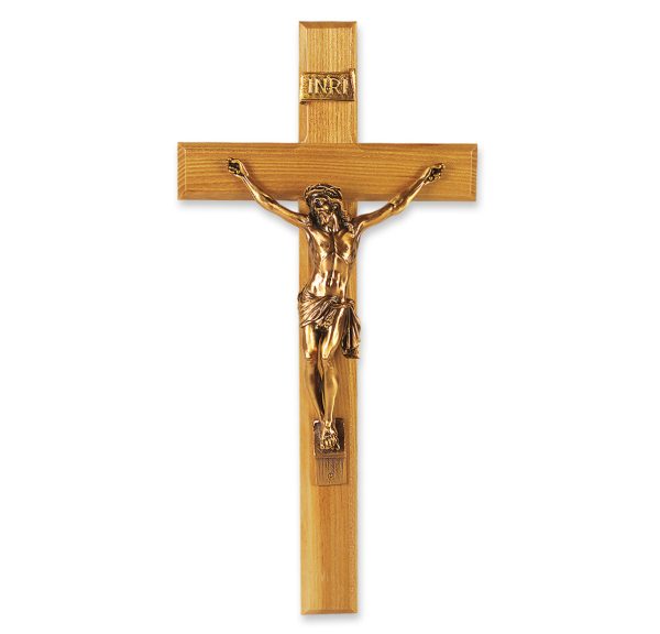 13" Oak Wall Wood Crucifix with Genuine Bronze Pewter Corpus