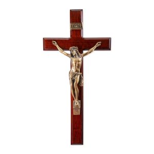 13" Dark Cherry Wood Wall Crucifix with Genuine Bronze Pewter Corpus