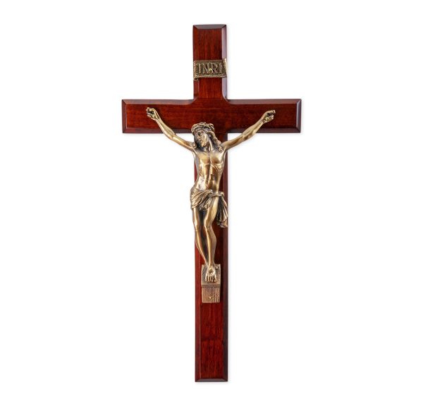 13" Dark Cherry Wood Wall Crucifix with Genuine Bronze Pewter Corpus