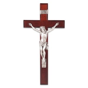 13" Dark Cherry Wood Wall Crucifix with Genuine Silver Pewter Corpus