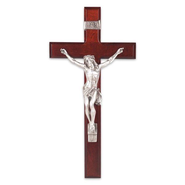 13" Dark Cherry Wood Wall Crucifix with Genuine Silver Pewter Corpus