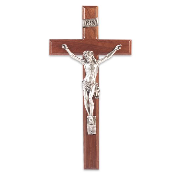 13" Genuine Walnut Wood Wall Crucifix with Genuine Silver Pewter Corpus