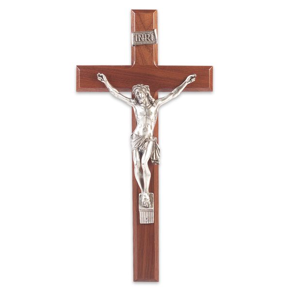 13" Genuine Walnut Wood Wall Crucifix with Genuine Silver Pewter Corpus