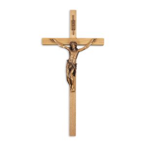 12" Oak Wood Wall Crucifix with Genuine Bronze Pewter Corpus
