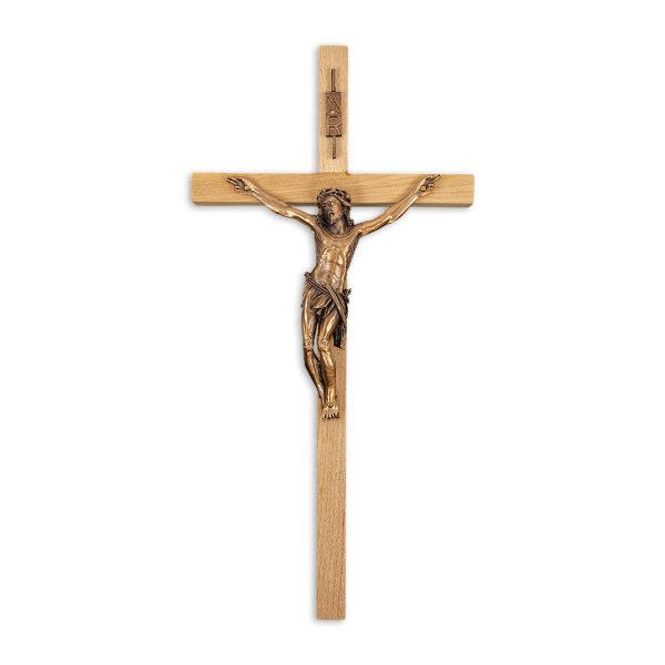 12" Oak Wood Wall Crucifix with Genuine Bronze Pewter Corpus