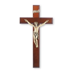 12" Dark Cherry Wood Wall Crucifix with Genuine Bronze Pewter Corpus