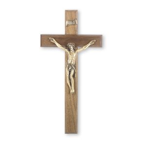 12" Walnut Wood Wall Crucifix with Genuine Bronze Pewter Corpus