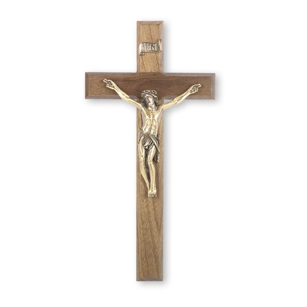 12" Walnut Wood Wall Crucifix with Genuine Bronze Pewter Corpus