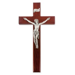 12" Dark Cherry Wood Wall Crucifix with Genuine Silver Pewter Corpus
