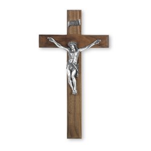 12" Walnut Wood Wall Crucifix with Genuine Silver Pewter Corpus